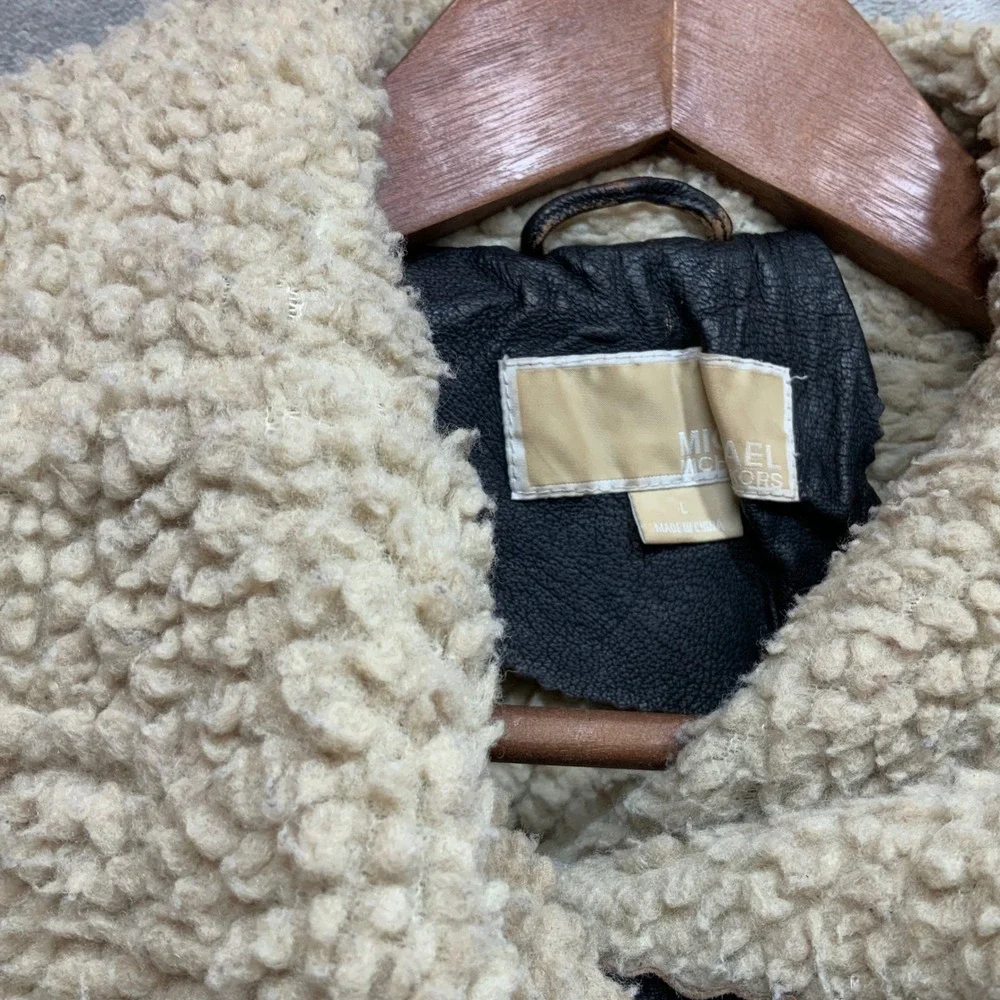 Michael Kors Womens Brown Leather Faux Fur Shearling Moto Aviator Jacket Large